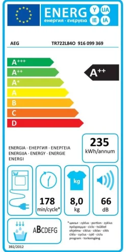 kuivausrumpu 8 kg TR722L84O*Aeg Clearance