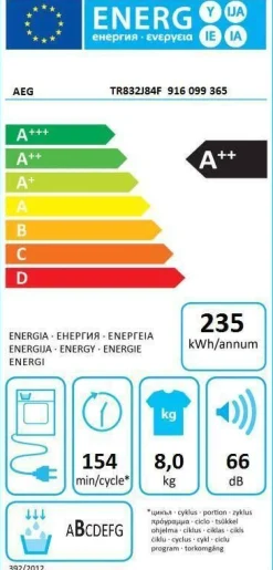 Hot Aeg kuivausrumpu TR832J84F 8 kg kondensoiva