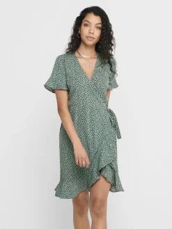 New Only mekko Onlolivia S/S Wrap Chinois green black spot