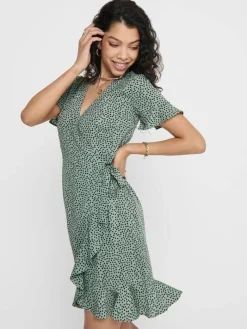 New Only mekko Onlolivia S/S Wrap Chinois green black spot